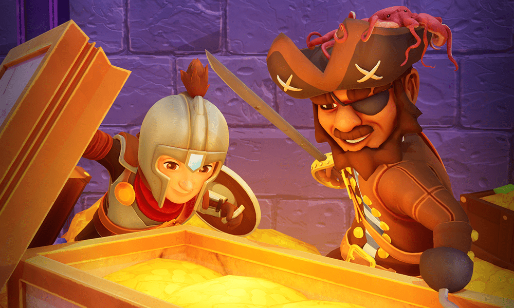 Blaze and Captain Crook looking at a chest full of gold